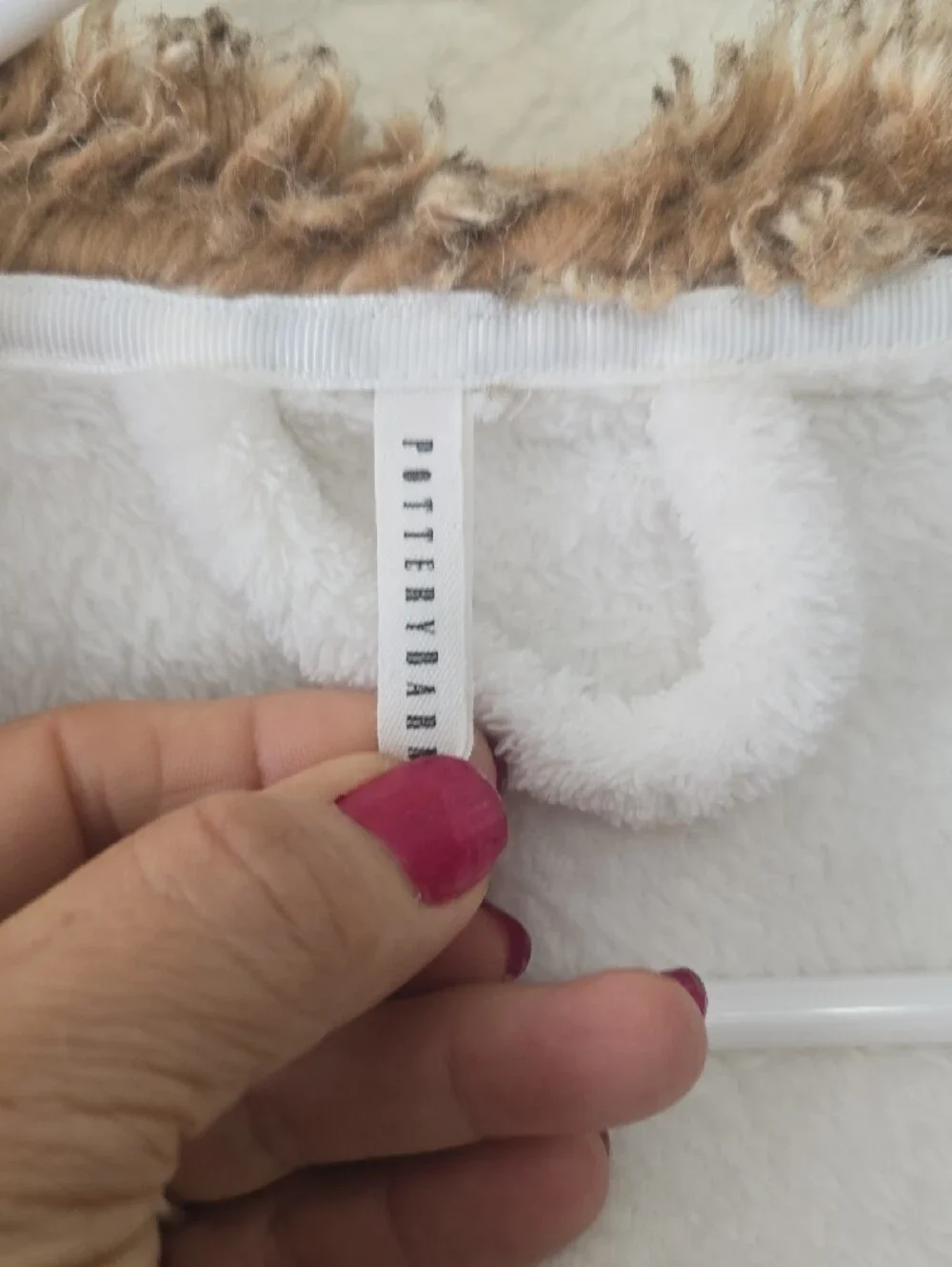 Pottery Barn White Plush Hooded Robe with Brown Faux-Fur Trim OS